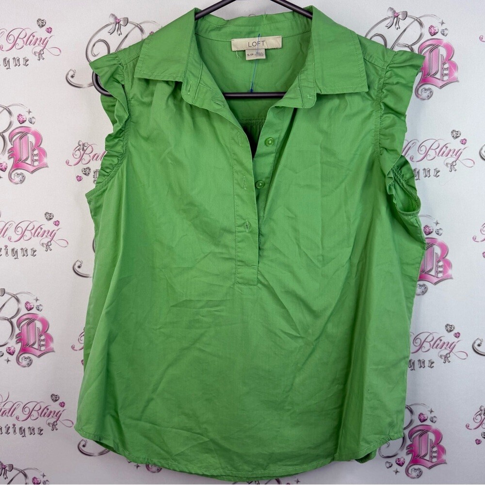 LOFT tank top button up bright frilly ruffles Vibrant Green Ruffle Sleeve Blouse